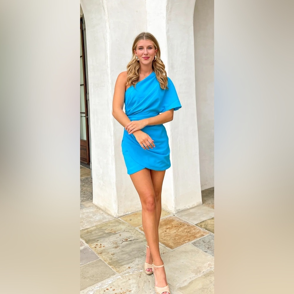 DO+BE Bright Blue One-Shoulder Draped Wrap Mini Cocktail Dress L Large - Picture 13 of 13